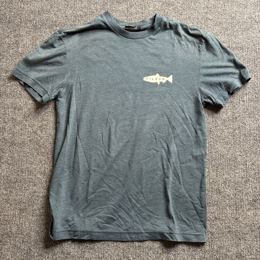 Filson T-Shirt Size Small Men's Blue Fish Graphic Logo Cotton Jersey Crew Neck